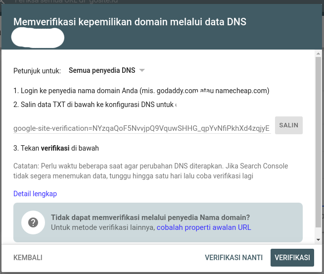 Memverifikasi kepemilikan domain melalui data DNS